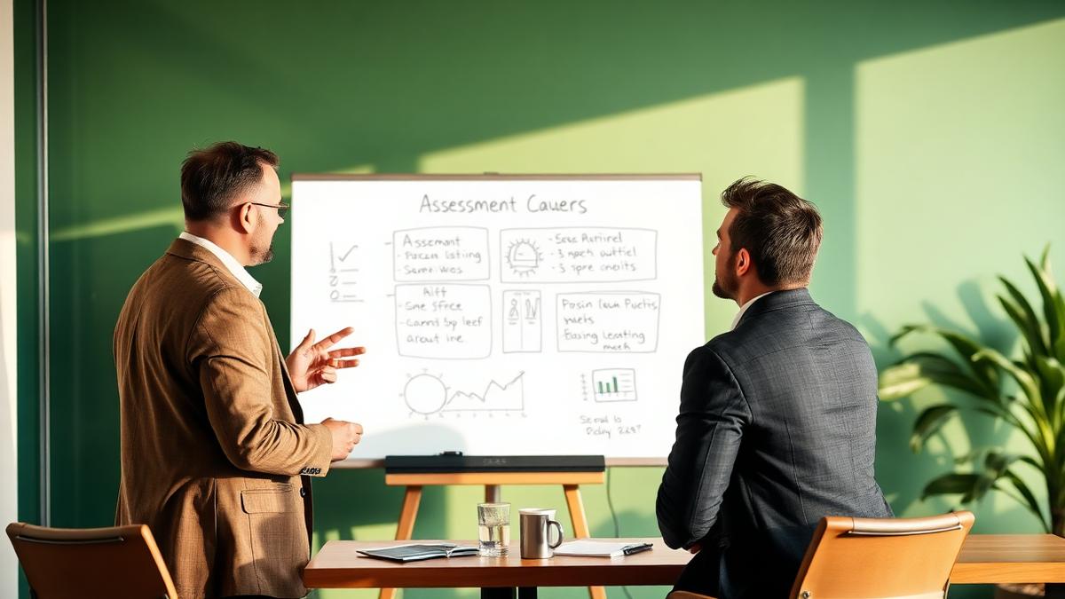 Consultor conduzindo diagnóstico empresarial com sócios de empresa de médio porte