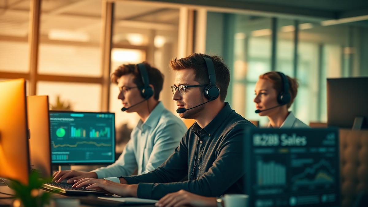 Equipe comercial B2B analisando indicadores de prospecção em reunião