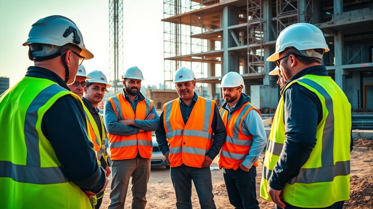 Encarregado orientando equipe operacional em canteiro de obras da construção civil